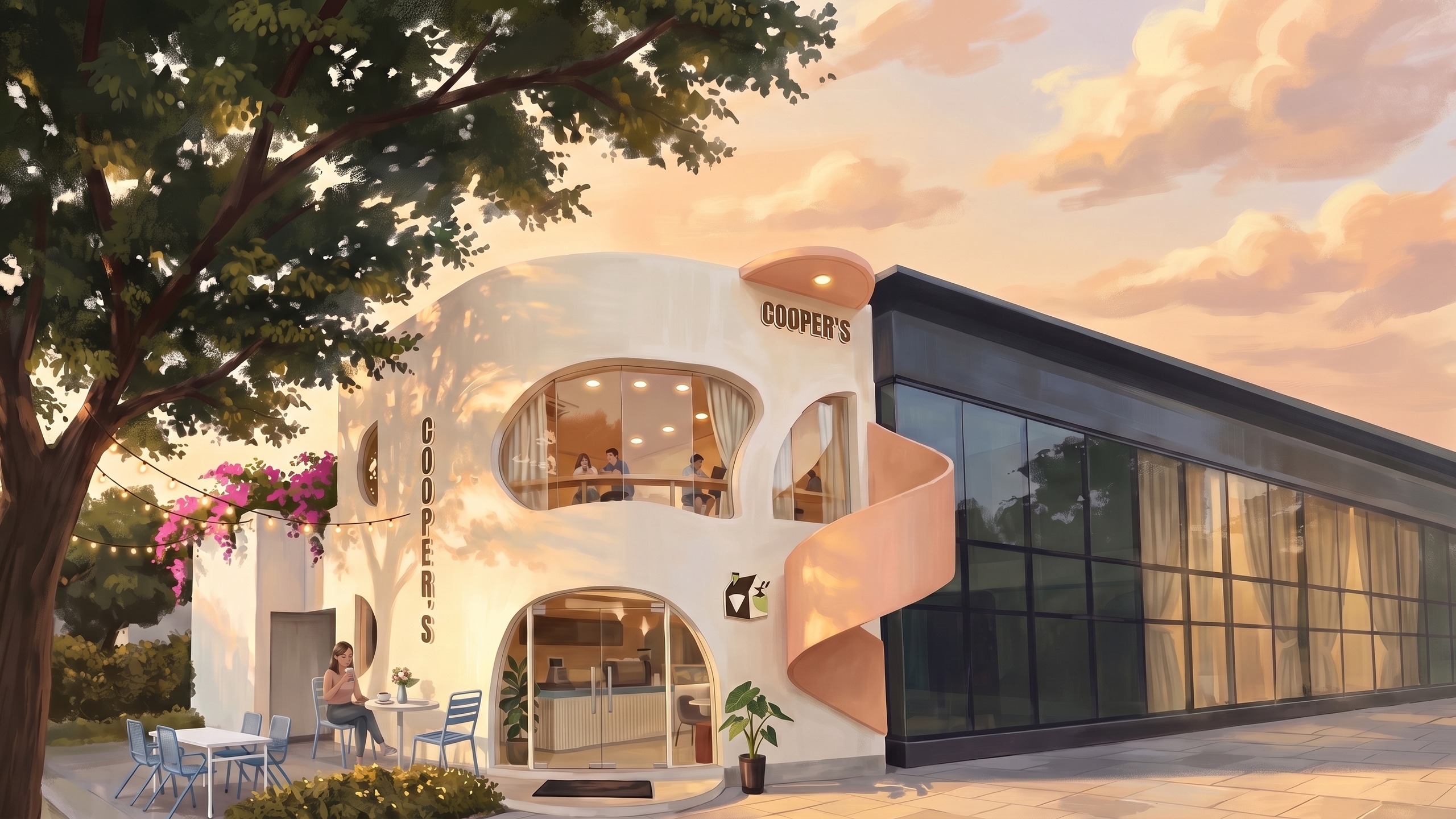 A painted view of a Cooper's Coffee Haus cafe on its corner in the late afternoon